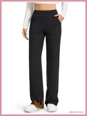 Tall Fleece Lined Wide Leg Dressy Casual Pants High Waist Pull On